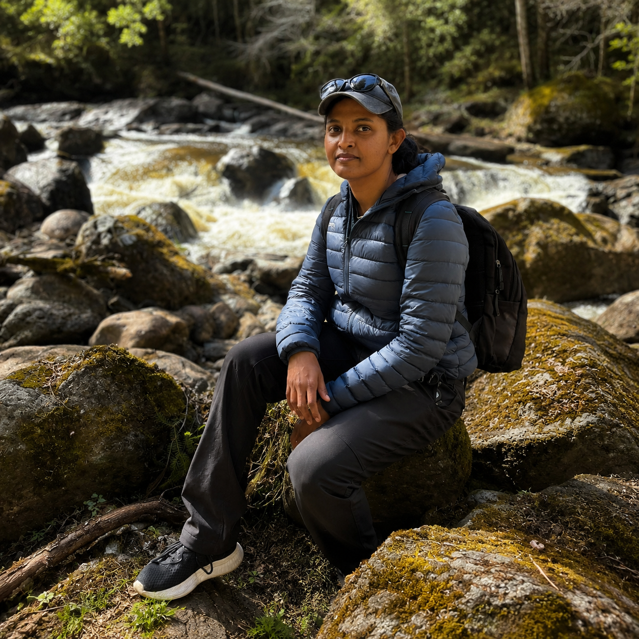 A sophisticated black and white portrait of wildlife researcher Lasanthi Wijayathunge.